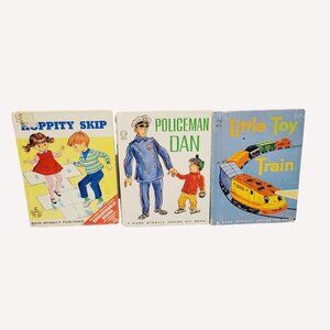 3 Vtg Mini Kids Rand McNally Books Hoppity Skip Policeman Dan Little Toy Train